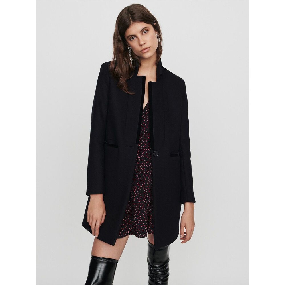 Maje Black Coat Wool-Blend Velvet Trim FR40 US L | Designer Outerwear
